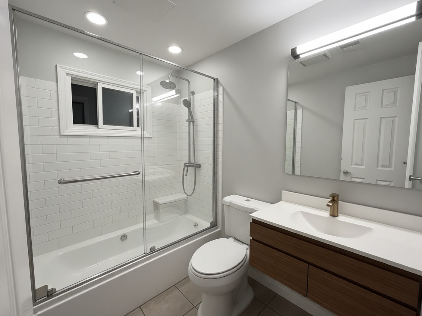 Same bathroom after — glass walk-in shower concept